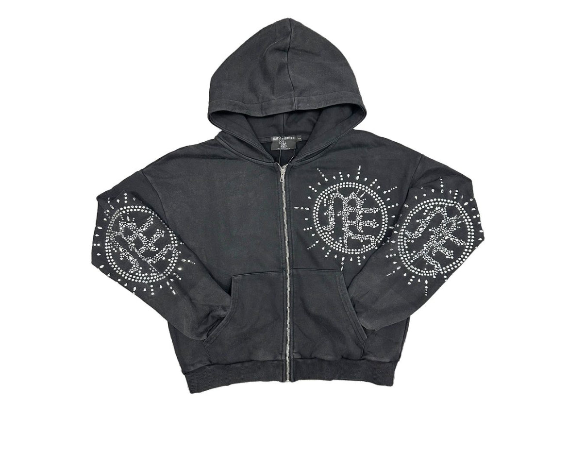 Mixed Emotions Eclipse Grey Acid Wash Rhinestone Hoodie