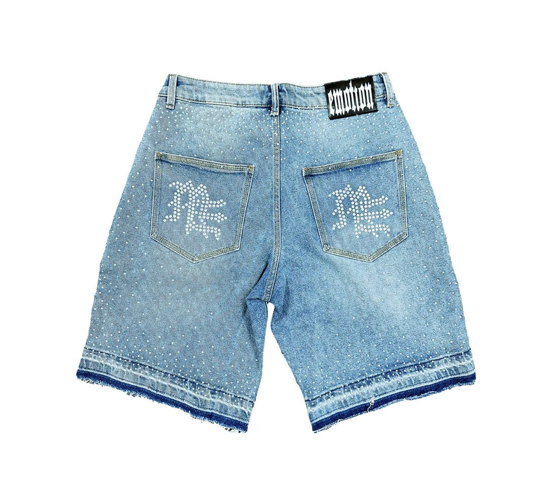 Mixed Emotions ME Rhinestone Denim Shorts Blue