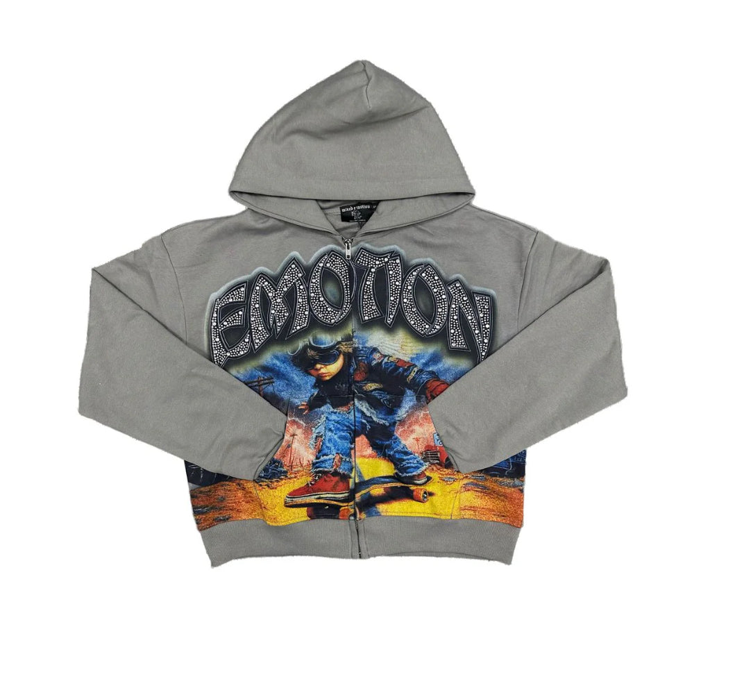 Mixed Emotions Last Ride Rhinestone Grey Hoodie