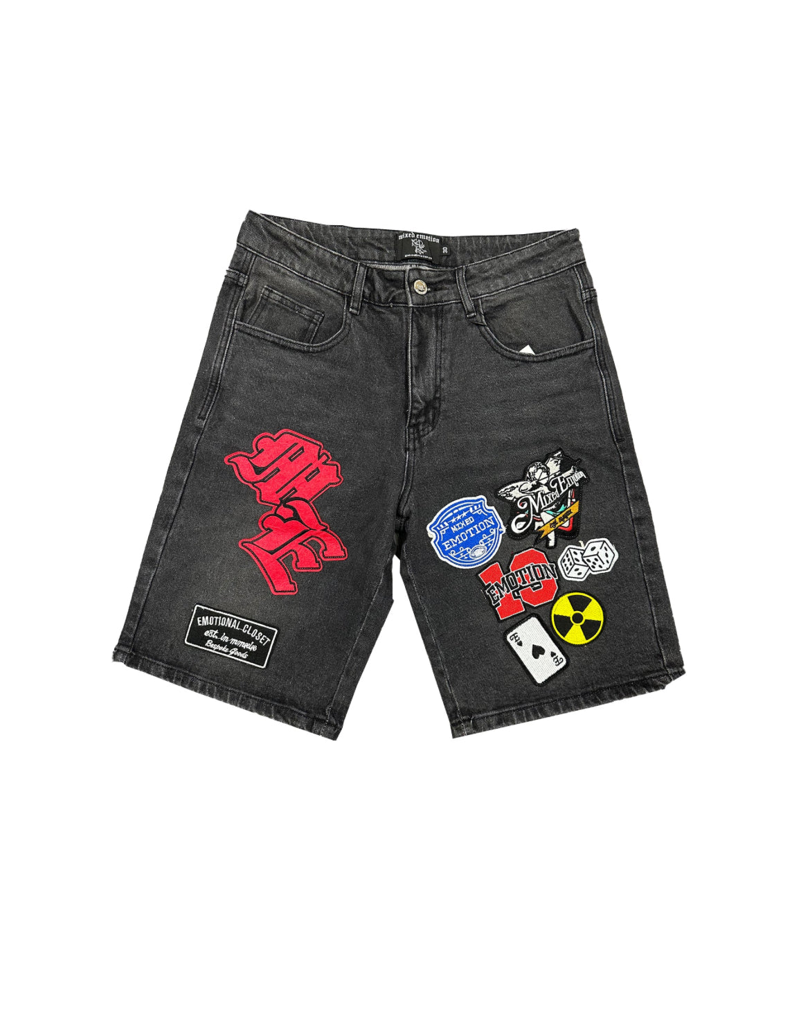 Mixed Emotion Danger Patch Denim Shorts
