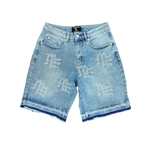Mixed Emotions ME Rhinestone Denim Shorts Blue