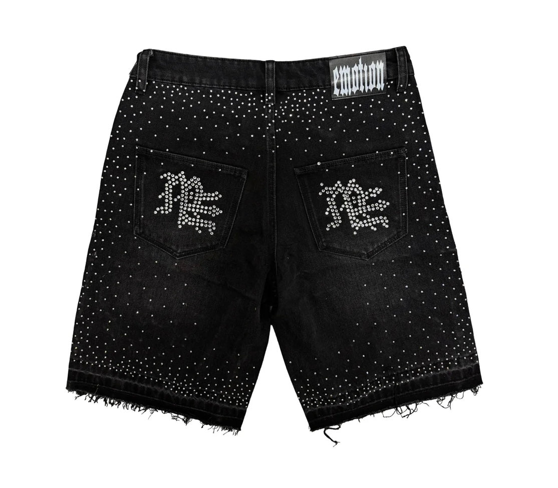 Mixed Emotions ME Rhinestone Denim Shorts Black