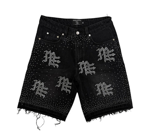 Mixed Emotions ME Rhinestone Denim Shorts Black